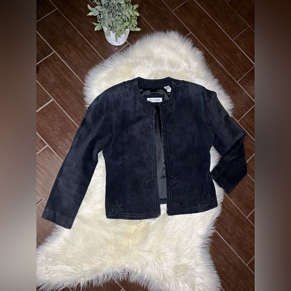 Evan Davies black on black suede embroidered jacket sz 12